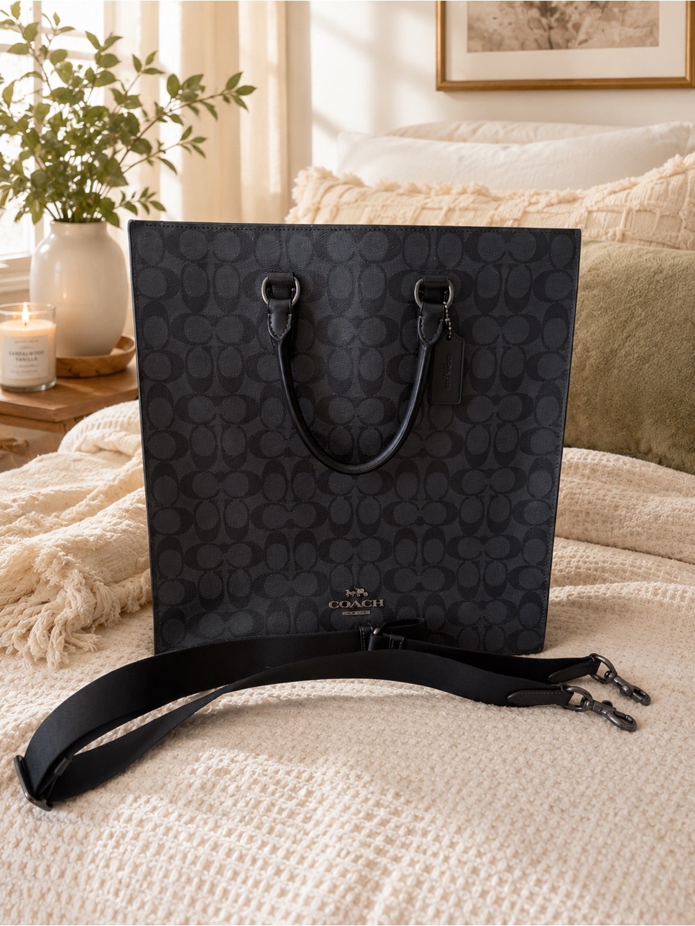 Coach Signature Tote Black Gray Large Work Bag Laptop Bag with strap